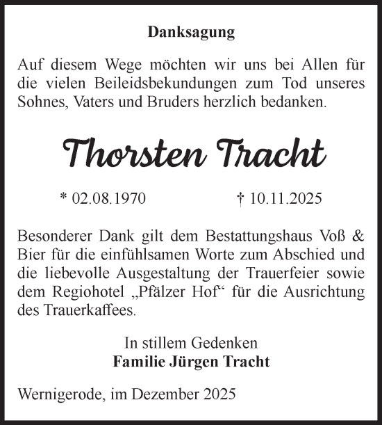 Traueranzeige von Thorsten Tracht von Volksstimme Wernigerode
