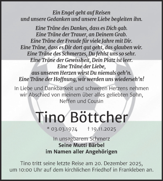 Traueranzeige von Tino Böttcher von Trauerkombi Merseburg