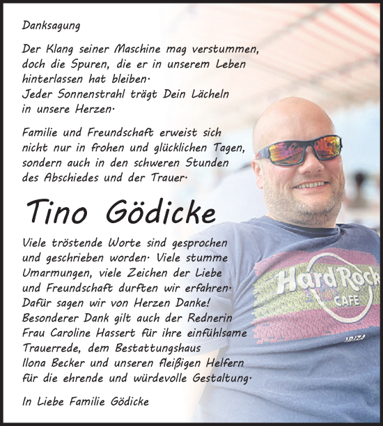 Traueranzeige von Tino Gödicke von Trauerkombi Sangerhausen