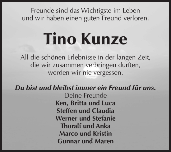 Traueranzeige von Tino Kunze von Volksstimme Staßfurt