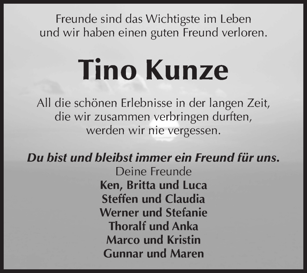  Traueranzeige für Tino Kunze vom 20.12.2025 aus Volksstimme Staßfurt