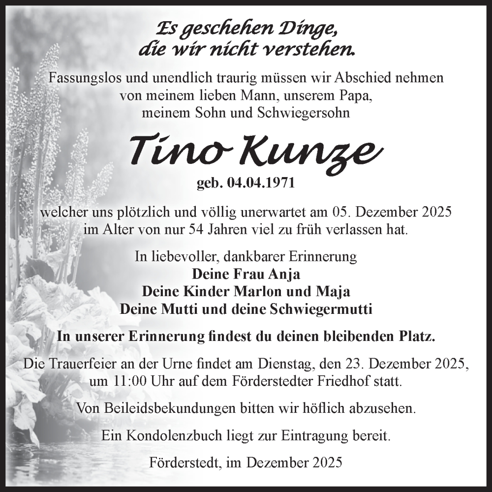  Traueranzeige für Tino Kunze vom 13.12.2025 aus Volksstimme Staßfurt