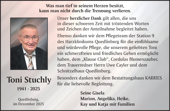Traueranzeige von Toni Stuchly von Trauerkombi Quedlinburg