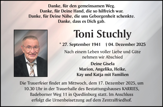 Traueranzeige von Toni Stuchly von Trauerkombi Quedlinburg