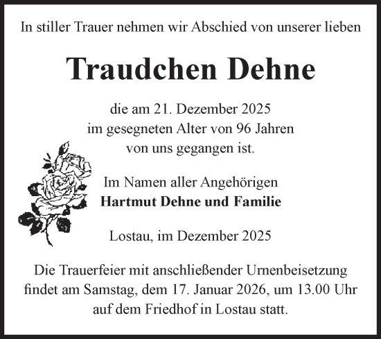 Traueranzeige von Traudchen Dehne von Volksstimme Burg/Genthin