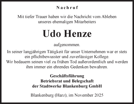 Traueranzeige von Udo Henze von Volksstimme Halberstadt
