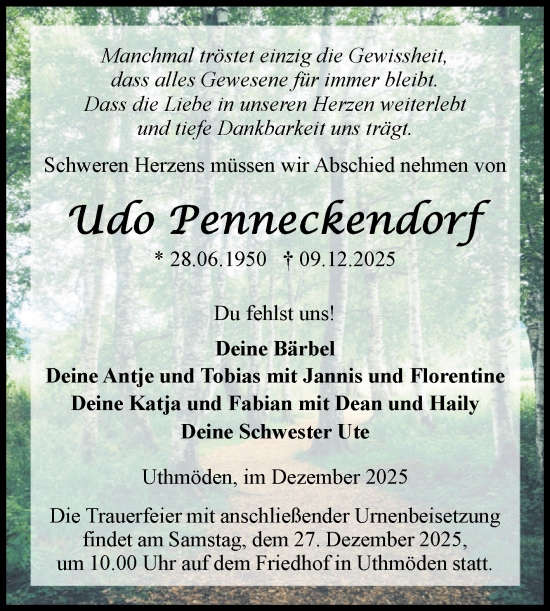 Traueranzeige von Udo Penneckendorf von Volksstimme Haldensleben/Wolmirstedt