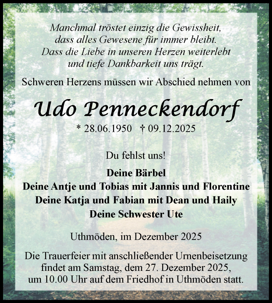  Traueranzeige für Udo Penneckendorf vom 20.12.2025 aus Volksstimme Haldensleben/Wolmirstedt