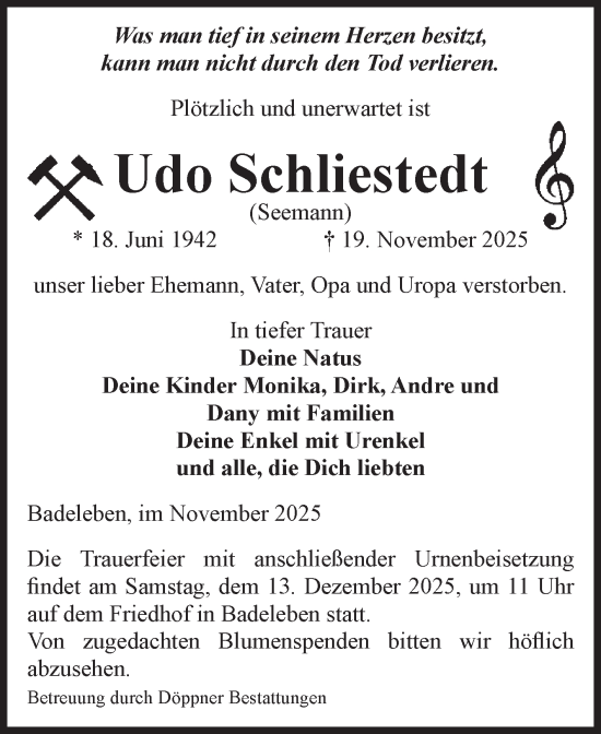 Traueranzeige von Udo Schliestedt von Volksstimme Oschersleben/Wanzleben