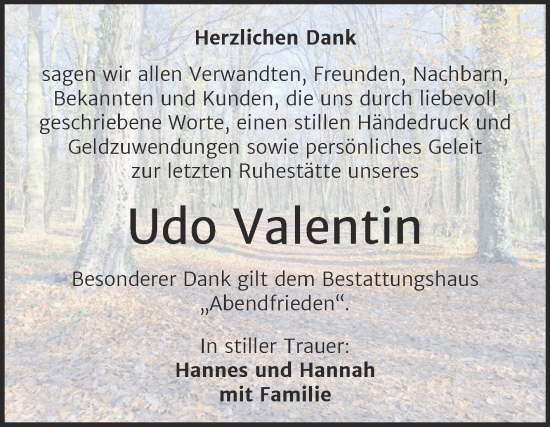 Traueranzeige von Udo Valentin von Trauerkombi Merseburg