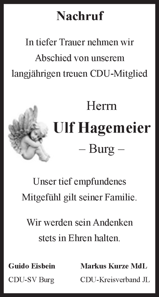 Traueranzeige von Ulf Hagemeier von Volksstimme Burg/Genthin