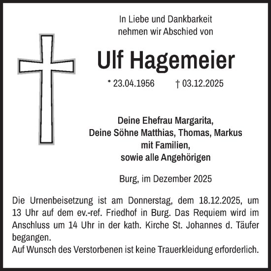 Traueranzeige von Ulf Hagemeier von Volksstimme Burg/Genthin