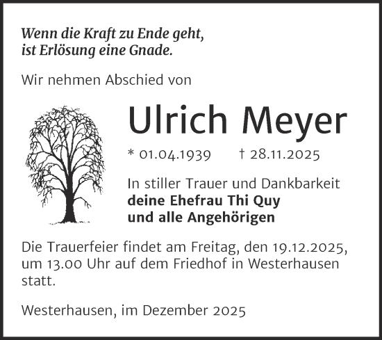 Traueranzeige von Ulrich Meyer von Trauerkombi Quedlinburg