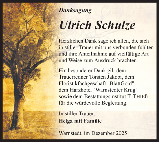 Traueranzeige von Ulrich Schulze von Trauerkombi Quedlinburg