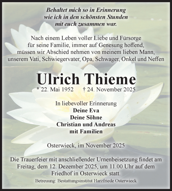 Traueranzeige von Ulrich Thieme von Volksstimme Halberstadt