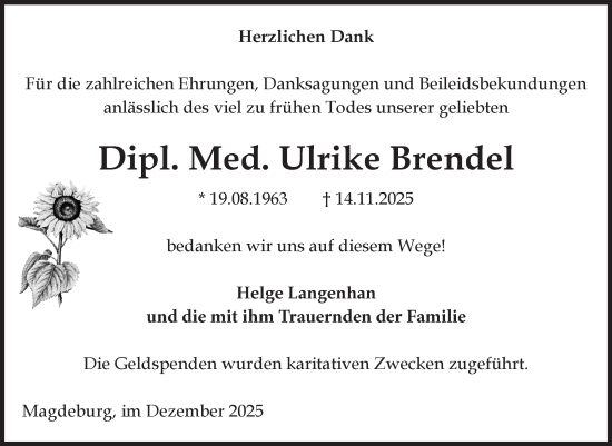 Traueranzeige von Ulrike Brendel von Volksstimme Burg/Genthin