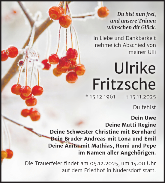 Traueranzeige von Ulrike Fritzsche von Trauerkombi Wittenberg