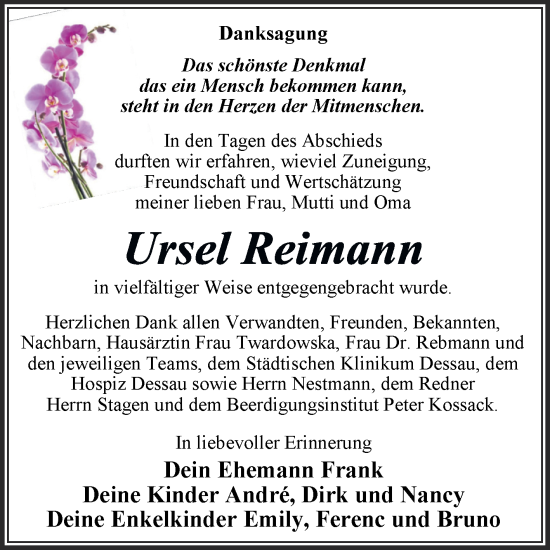 Traueranzeige von Ursel Reimann von Trauerkombi Dessau