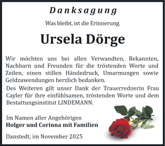 Traueranzeige von Ursela Dörge von Volksstimme Halberstadt
