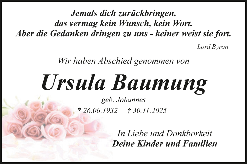  Traueranzeige für Ursula Baumung vom 20.12.2025 aus Super Sonntag Wittenberg