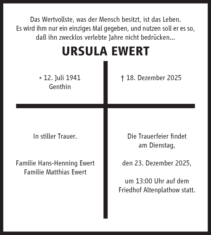  Traueranzeige für Ursula Ewert vom 20.12.2025 aus Volksstimme Burg/Genthin
