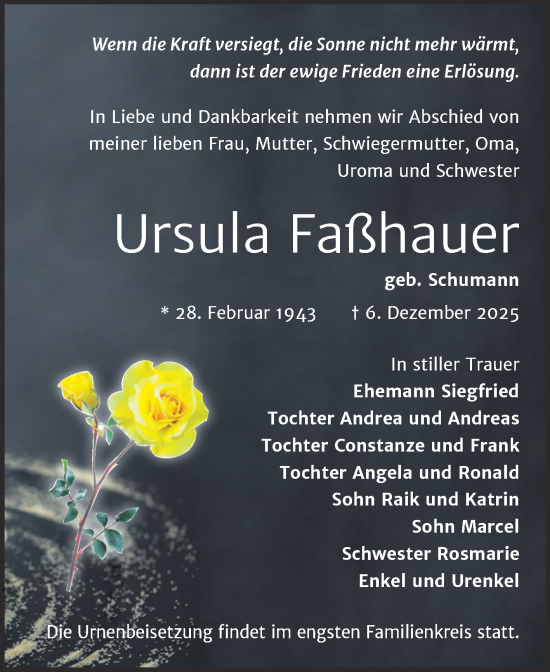 Traueranzeige von Ursula Faßhauer von Trauerkombi Zeitz
