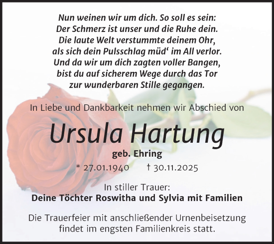 Traueranzeige von Ursula Hartung von Trauerkombi Merseburg