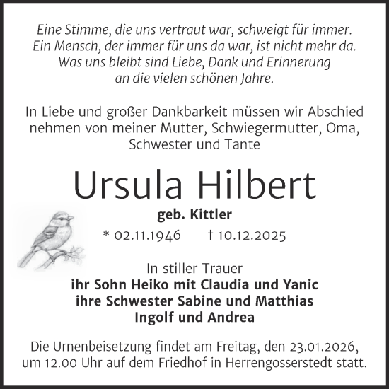 Traueranzeige von Ursula Hilbert von Super Sonntag Naumburg/Nebra