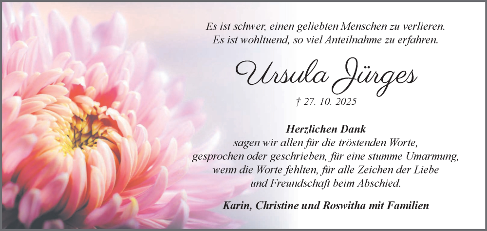  Traueranzeige für Ursula Jürges vom 29.11.2025 aus Volksstimme Altmark West