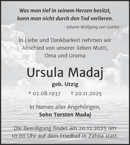Traueranzeige von Ursula Madaj von Trauerkombi Wittenberg