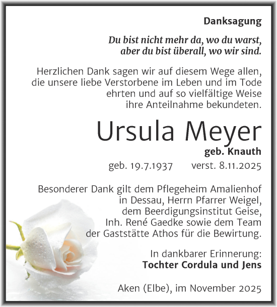 Traueranzeige von Ursula Meyer von Trauerkombi Köthen