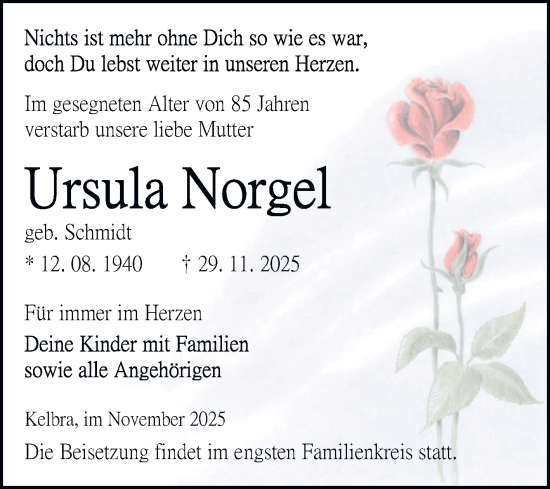 Traueranzeige von Ursula Norgel von Trauerkombi Sangerhausen