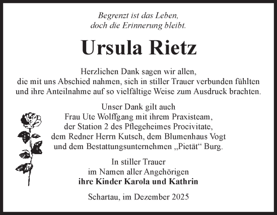 Traueranzeige von Ursula Rietz von Volksstimme Burg/Genthin