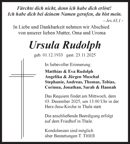 Traueranzeige von Ursula Rudolph von Trauerkombi Quedlinburg