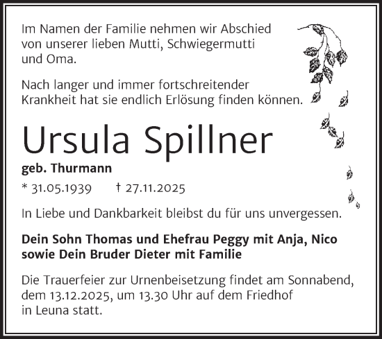 Traueranzeige von Ursula Spillner von Trauerkombi Merseburg