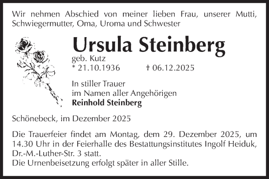 Traueranzeige von Ursula Steinberg von Volksstimme Schönebeck