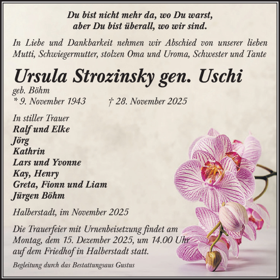Traueranzeige von Ursula Strozinsky von Volksstimme Halberstadt