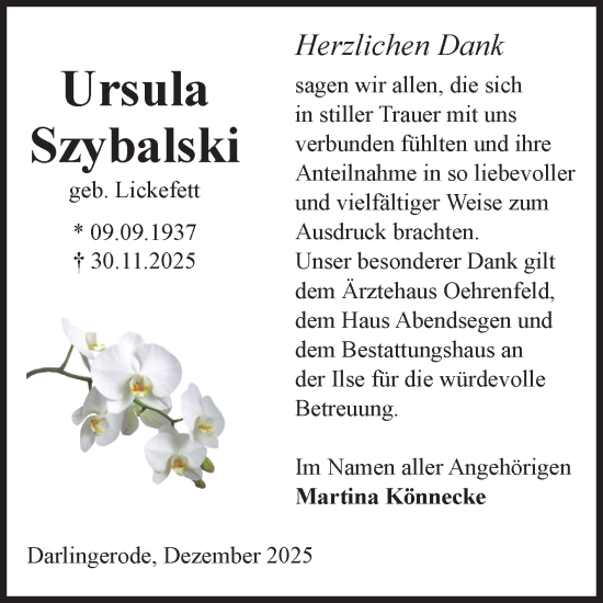 Traueranzeige von Ursula Szybalski von Volksstimme Wernigerode