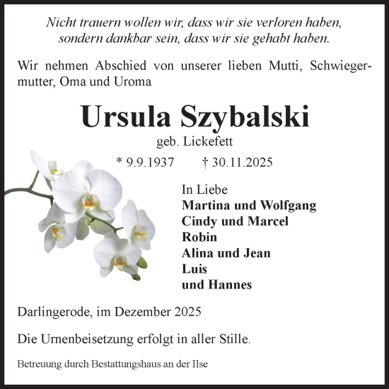 Traueranzeige von Ursula Szybalski von Volksstimme Wernigerode