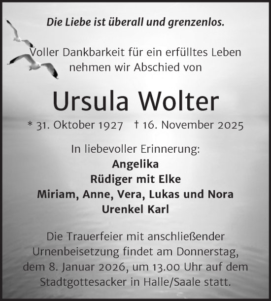 Traueranzeige von Ursula Wolter von Mitteldeutsche Zeitung Halle/Saalkreis