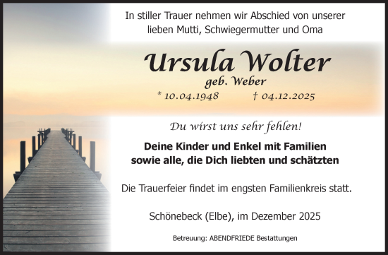 Traueranzeige von Ursula Wolter von Volksstimme Schönebeck