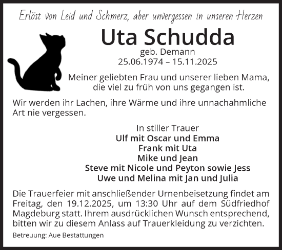 Traueranzeige von Uta Schudda von Volksstimme Magdeburg