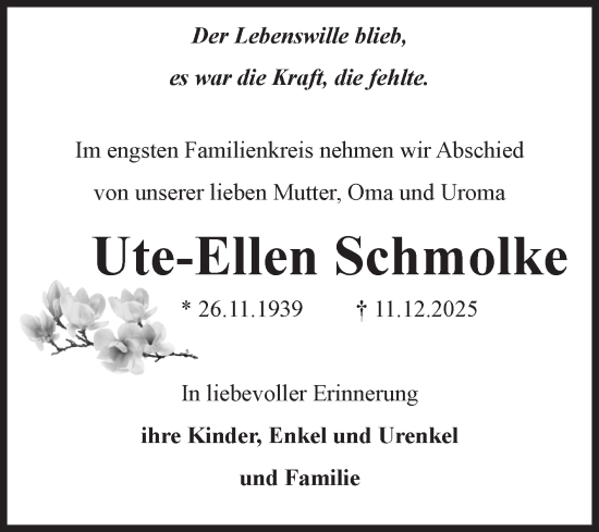 Traueranzeige von Ute-Ellen Schmolke von Volksstimme Burg/Genthin