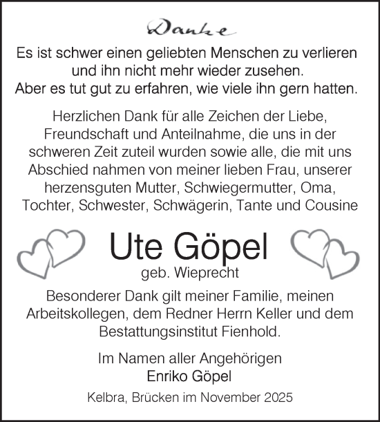 Traueranzeige von Ute Göpel von Trauerkombi Sangerhausen