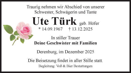Traueranzeige von Ute Türk von Volksstimme Wernigerode
