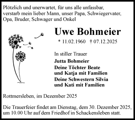 Traueranzeige von Uwe Bohmeier von Volksstimme Haldensleben/Wolmirstedt