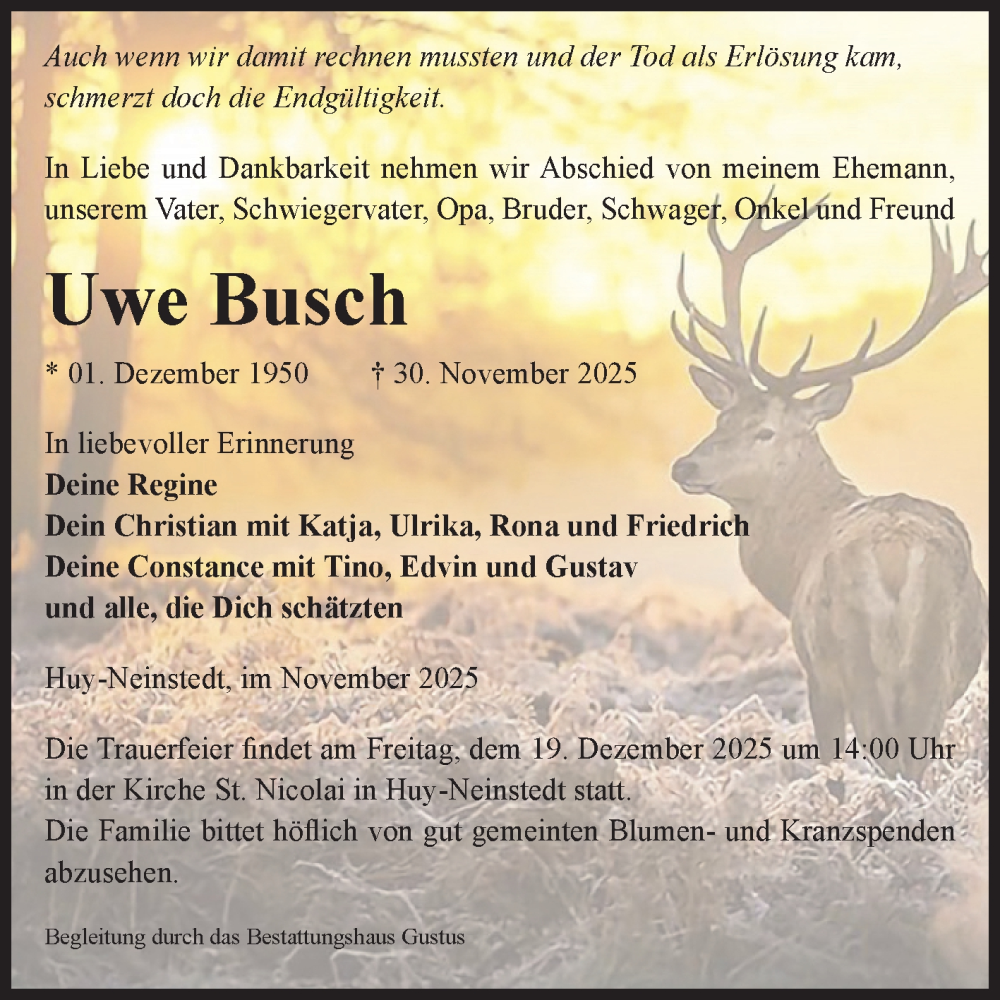  Traueranzeige für Uwe Busch vom 06.12.2025 aus Volksstimme Halberstadt