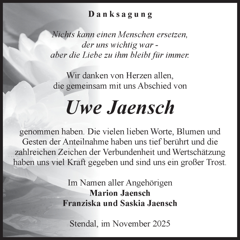  Traueranzeige für Uwe Jaensch vom 06.12.2025 aus Volksstimme Altmark Ost