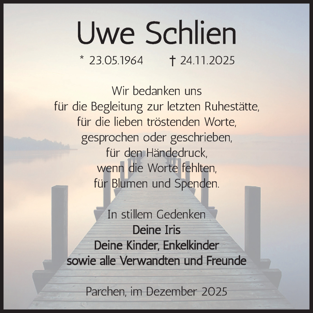 Traueranzeige für Uwe Schlien vom 20.12.2025 aus Volksstimme Burg/Genthin