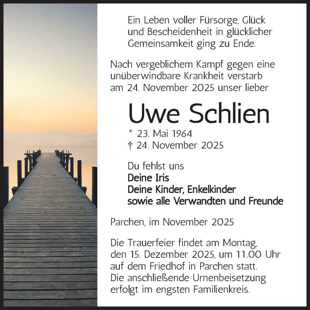  Traueranzeige für Uwe Schlien vom 29.11.2025 aus Volksstimme Burg/Genthin
